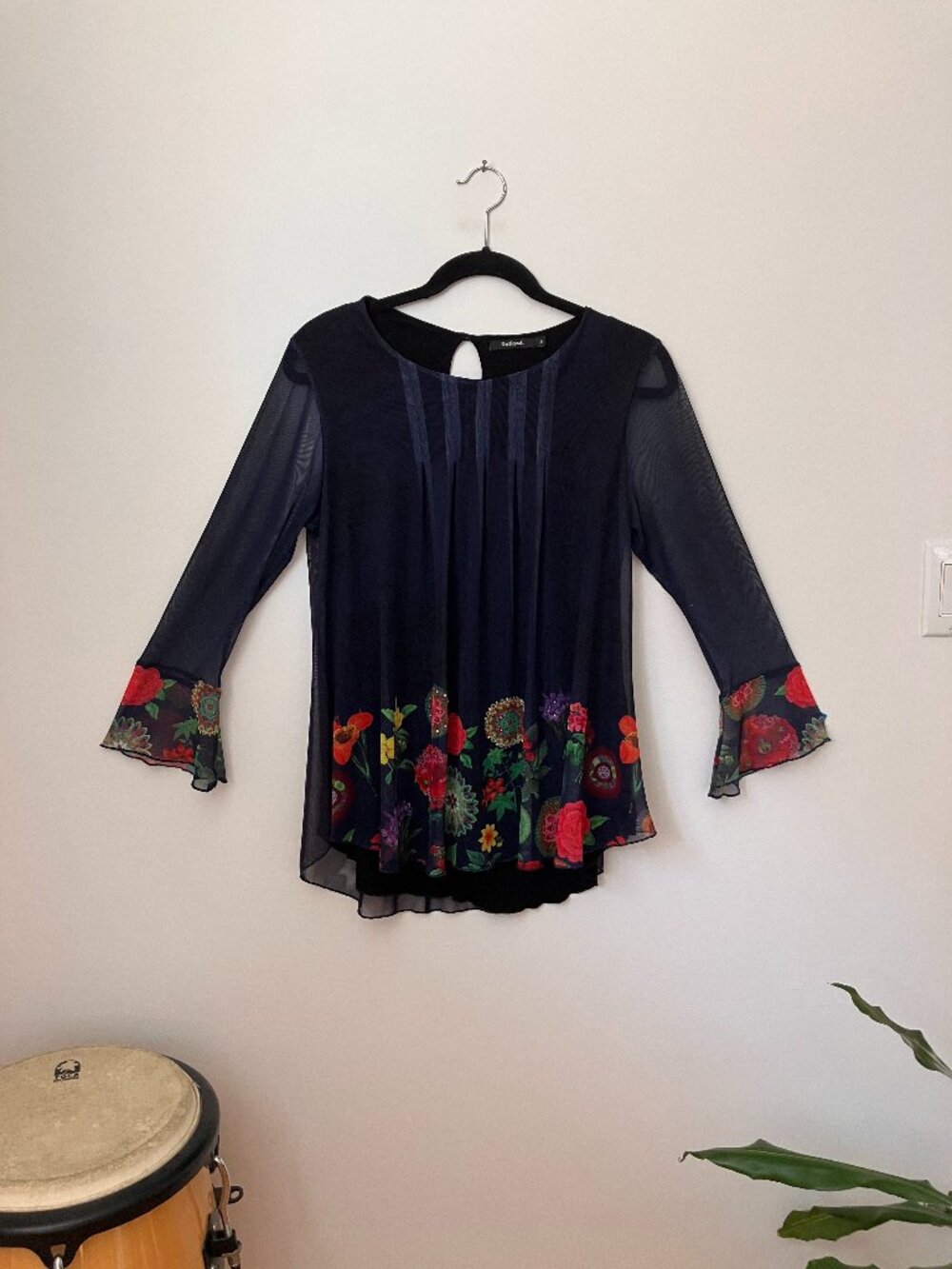 Desigual Rachel Sheer Floral Top | Navy Blue | Bell Sleeves | Pleated | Size S